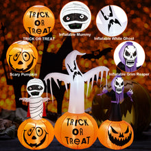 Load image into Gallery viewer, 5.9FT Halloween Inflatable Decorations, CAMULAND Halloween Inflatable Built-in LED Pumpkin Lights Blow Up Yard Decoration with Mummy, White Ghost and Death, Ideal for Garden, Yards and Lawns