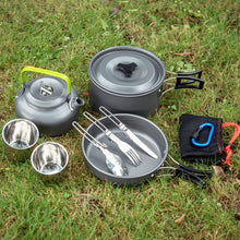 Load image into Gallery viewer, ODOLAND 10pcs Camping Cookware Mess Kit Lightweight Pot Pan Kettle with 2 Cups Fork Knife Spoon Kit for Backpacking Outdoor Camping Hiking and Picnic