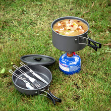 Load image into Gallery viewer, ODOLAND 10pcs Camping Cookware Mess Kit Lightweight Pot Pan Kettle with 2 Cups Fork Knife Spoon Kit for Backpacking Outdoor Camping Hiking and Picnic