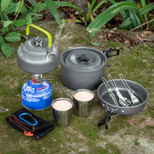 Load image into Gallery viewer, ODOLAND 10pcs Camping Cookware Mess Kit Lightweight Pot Pan Kettle with 2 Cups Fork Knife Spoon Kit for Backpacking Outdoor Camping Hiking and Picnic