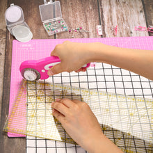Load image into Gallery viewer, Pink 45mm Rotary Cutter Tool Kit w/ A3 Cutting Mat + Patchwork Ruler + Fabric Clips