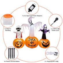Load image into Gallery viewer, 5.9FT Halloween Inflatable Decorations, CAMULAND Halloween Inflatable Built-in LED Pumpkin Lights Blow Up Yard Decoration with Mummy, White Ghost and Death, Ideal for Garden, Yards and Lawns