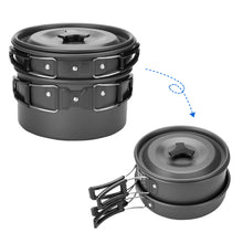 Load image into Gallery viewer, ODOLAND 10pcs Camping Cookware Mess Kit Lightweight Pot Pan Kettle with 2 Cups Fork Knife Spoon Kit for Backpacking Outdoor Camping Hiking and Picnic