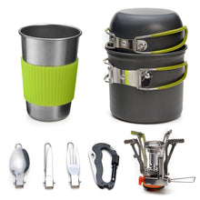Load image into Gallery viewer, ODOLAND Camping Cookware Kit Lightweight Portable Cookware Set with Water Cup Fork Kit and Multi-functional Carabiner with Knife, Great for Backpacking Outdoor Camping Hiking and Picnic