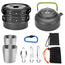 Load image into Gallery viewer, ODOLAND 10pcs Camping Cookware Mess Kit Lightweight Pot Pan Kettle with 2 Cups Fork Knife Spoon Kit for Backpacking Outdoor Camping Hiking and Picnic