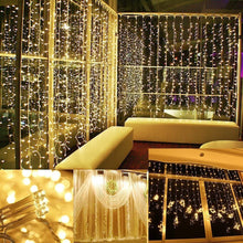 Load image into Gallery viewer, IMAGE 600 LED 9.8*19.6 feet LED Curtain Lights with 8 Light Modes and Memory Function, Waterproof Curtain Lights Warm White
