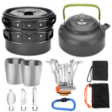 Load image into Gallery viewer, ODOLAND 12pcs Camping Cookware Mess Kit with Mini Stove, Lightweight Pot Pan Kettle with 2 Cups Fork Knife Spoon Kit for Backpacking Outdoor Camping Hiking and Picnic