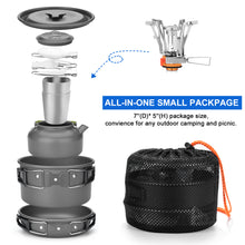 Load image into Gallery viewer, ODOLAND 12pcs Camping Cookware Mess Kit with Mini Stove, Lightweight Pot Pan Kettle with 2 Cups Fork Knife Spoon Kit for Backpacking Outdoor Camping Hiking and Picnic