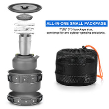 Load image into Gallery viewer, ODOLAND 10pcs Camping Cookware Mess Kit Lightweight Pot Pan Kettle with 2 Cups Fork Knife Spoon Kit for Backpacking Outdoor Camping Hiking and Picnic