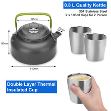 Load image into Gallery viewer, ODOLAND 12pcs Camping Cookware Mess Kit with Mini Stove, Lightweight Pot Pan Kettle with 2 Cups Fork Knife Spoon Kit for Backpacking Outdoor Camping Hiking and Picnic
