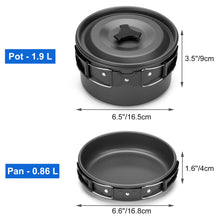 Load image into Gallery viewer, ODOLAND 10pcs Camping Cookware Mess Kit Lightweight Pot Pan Kettle with 2 Cups Fork Knife Spoon Kit for Backpacking Outdoor Camping Hiking and Picnic