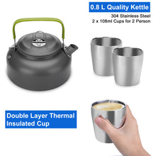Load image into Gallery viewer, ODOLAND 10pcs Camping Cookware Mess Kit Lightweight Pot Pan Kettle with 2 Cups Fork Knife Spoon Kit for Backpacking Outdoor Camping Hiking and Picnic