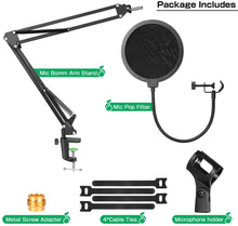 Load image into Gallery viewer, AGPtEK Microphone Arm Stand with Mic Boom Arm Stand, Metal Screw Adapter, Mic Pop Filter, Cable Ties and Microphone Holder