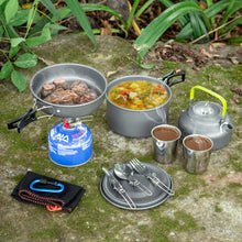 Load image into Gallery viewer, ODOLAND 12pcs Camping Cookware Mess Kit with Mini Stove, Lightweight Pot Pan Kettle with 2 Cups Fork Knife Spoon Kit for Backpacking Outdoor Camping Hiking and Picnic