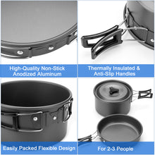 Load image into Gallery viewer, ODOLAND 10pcs Camping Cookware Mess Kit Lightweight Pot Pan Kettle with 2 Cups Fork Knife Spoon Kit for Backpacking Outdoor Camping Hiking and Picnic