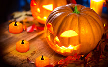 Load image into Gallery viewer, IMAGE 12 Packs LED Pumpkin Lights Battery Operated Pumpkin Tealight Candles for Halloween, Christmas, Thanksgiving and Theme Parties