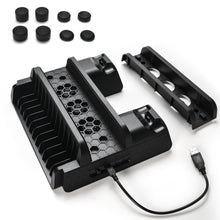 Load image into Gallery viewer, Agptek PS4 Vertical Stand with Cooling Fan, Dual Controllers Charging Station with 12 Game Storage Slots, 2 Port USB Hub & 8 Bonus Thumb Grip Cover Cap, Multi-Functional Cooling Stand, Compatible with PS4, PS4 Slim & PS4 Pro Console, Black