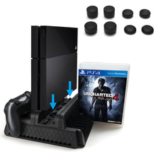 Load image into Gallery viewer, Agptek PS4 Vertical Stand with Cooling Fan, Dual Controllers Charging Station with 12 Game Storage Slots, 2 Port USB Hub & 8 Bonus Thumb Grip Cover Cap, Multi-Functional Cooling Stand, Compatible with PS4, PS4 Slim & PS4 Pro Console, Black