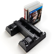 Load image into Gallery viewer, Agptek PS4 Vertical Stand with Cooling Fan, Dual Controllers Charging Station with 12 Game Storage Slots, 2 Port USB Hub & 8 Bonus Thumb Grip Cover Cap, Multi-Functional Cooling Stand, Compatible with PS4, PS4 Slim & PS4 Pro Console, Black