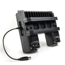 Load image into Gallery viewer, Agptek PS4 Vertical Stand with Cooling Fan, Dual Controllers Charging Station with 12 Game Storage Slots, 2 Port USB Hub & 8 Bonus Thumb Grip Cover Cap, Multi-Functional Cooling Stand, Compatible with PS4, PS4 Slim & PS4 Pro Console, Black