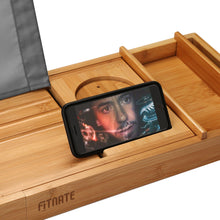 Load image into Gallery viewer, Wooden Bathtub Tray Extendable Adjustable Non-Slip with Wine Glass Slot Phone Tray Book Holder