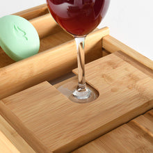 Load image into Gallery viewer, Wooden Bathtub Tray Extendable Adjustable Non-Slip with Wine Glass Slot Phone Tray Book Holder
