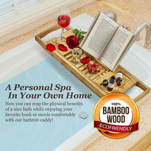 Load image into Gallery viewer, Wooden Bathtub Tray Extendable Adjustable Non-Slip with Wine Glass Slot Phone Tray Book Holder