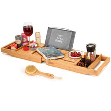 Load image into Gallery viewer, Wooden Bathtub Tray Extendable Adjustable Non-Slip with Wine Glass Slot Phone Tray Book Holder
