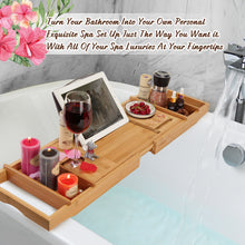 Load image into Gallery viewer, Wooden Bathtub Tray Extendable Adjustable Non-Slip with Wine Glass Slot Phone Tray Book Holder