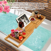 Load image into Gallery viewer, Wooden Bathtub Tray Extendable Adjustable Non-Slip with Wine Glass Slot Phone Tray Book Holder