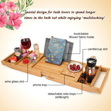 Load image into Gallery viewer, Wooden Bathtub Tray Extendable Adjustable Non-Slip with Wine Glass Slot Phone Tray Book Holder