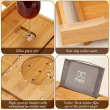 Load image into Gallery viewer, Wooden Bathtub Tray Extendable Adjustable Non-Slip with Wine Glass Slot Phone Tray Book Holder