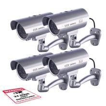 Load image into Gallery viewer, Dummy Security Camera, Fitnate 4 Packs Fake Security Camera CCTV Surveillance System with LED Red Flashing Light for Both Indoor & Outdoor Use + Security Camera Warning Stickers × 4 ( Sliver )