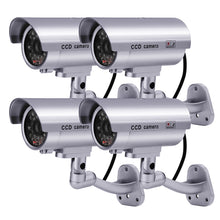 Load image into Gallery viewer, Dummy Security Camera, Fitnate 4 Packs Fake Security Camera CCTV Surveillance System with LED Red Flashing Light for Both Indoor & Outdoor Use + Security Camera Warning Stickers × 4 ( Sliver )