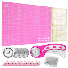 Load image into Gallery viewer, Pink 45mm Rotary Cutter Tool Kit w/ A3 Cutting Mat + Patchwork Ruler + Fabric Clips