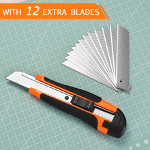 Load image into Gallery viewer, AGPtEK 12 Packs Utility Knife 18mm Retractable Safety Box Cutter with 12 Extra Spare Blades for Paper Tape Cardboard