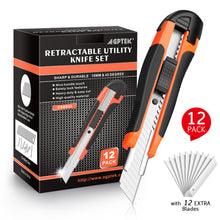Load image into Gallery viewer, AGPtEK 12 Packs Utility Knife 18mm Retractable Safety Box Cutter with 12 Extra Spare Blades for Paper Tape Cardboard