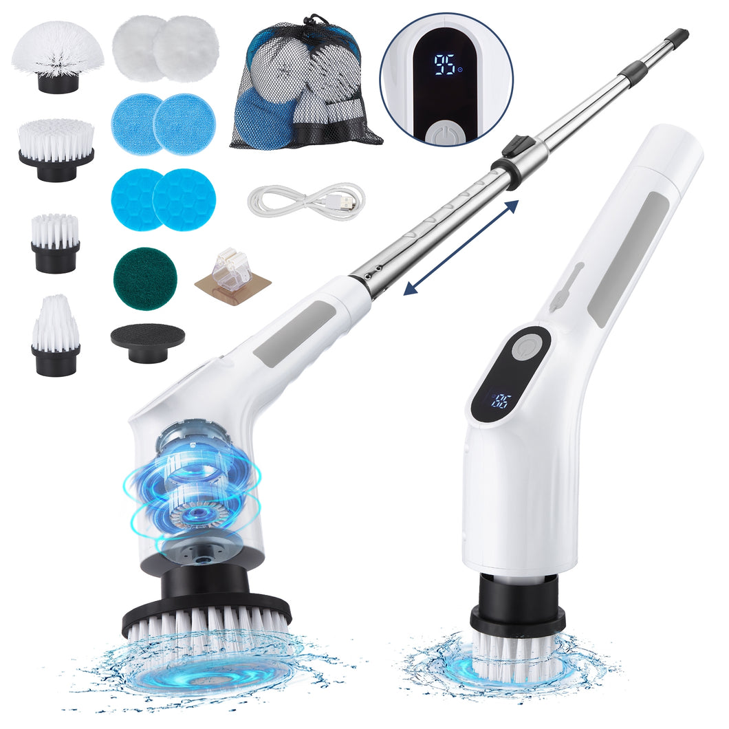 Fixm Electric Spin Scrubber, Cordless Shower Scrubber with Adjustable Extension Handle, Electric Cleaning Brush for Bathtub Kitchen Wall Cleaning, 2 Speeds with Display and 11 Replaceable Brush Heads