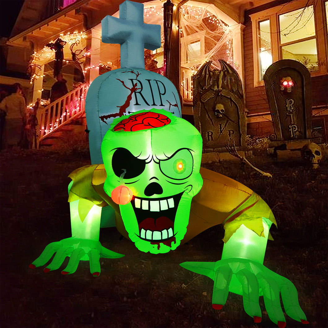 5.7FT Inflatable Halloween Decorations  Inflatable Crawling Green Ghost with Tombstone, Built-in LED Lights