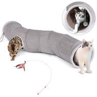 48” Long Collapsible Kitty Tunnel Cat Tube OxFord with Plush Ball & Feather Toy
