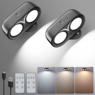 IMAGE 2Pcs Dual Cylinder LED Wall Lights, Super Bright Wireless Lamp, USB Port, 3 Color Temperatures & 3 Brightness Levels, 360° Rotatable Design for Reading and Bedside Use