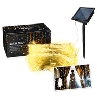 IMAGE 9.8x9.8 Feet Warm White Solar Curtain Lights 8 Modes Solar String Lights for Wedding Party Home Decoration