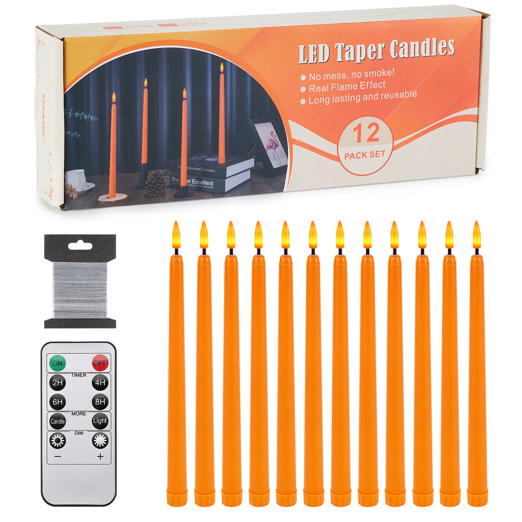 IMAGE 12 Pcs Orange Flickering Flameless Taper Candles 3D Wick Ivory with 10 Keys Remote and Timer