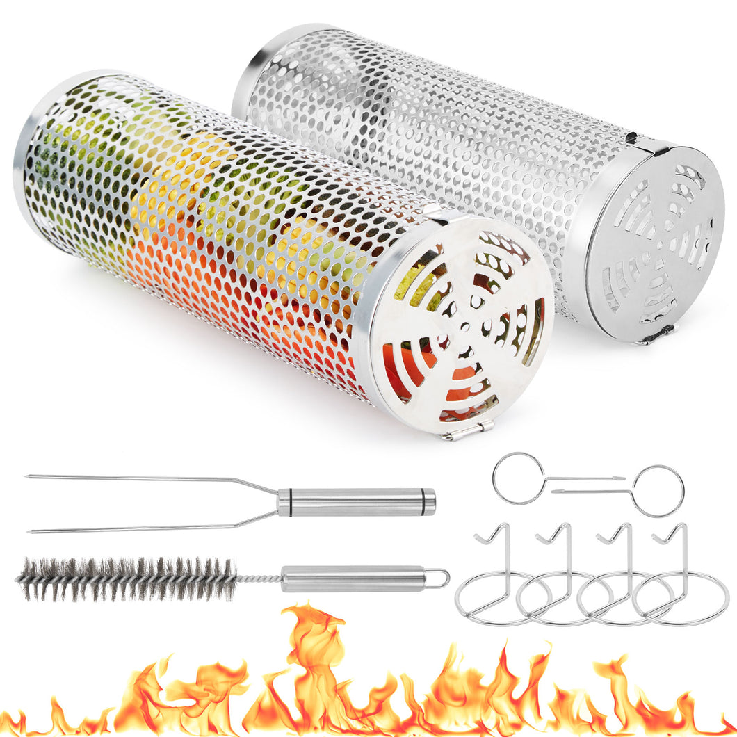 Grill Basket, IMAGE Round Hole Rolling Grilling Baskets for Outdoor Grill Portable Grill Nets Cylinder with Reinforced Locking Clasp, 2-Pack 12 in Stainless Steel Grill Mesh Barbeque Grill Accessories