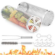 Grill Basket, IMAGE Round Hole Rolling Grilling Baskets for Outdoor Grill Portable Grill Nets Cylinder with Reinforced Locking Clasp, 2-Pack 12 in Stainless Steel Grill Mesh Barbeque Grill Accessories