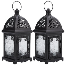 Load image into Gallery viewer, 2 Pcs Metal Candle Lantern Holder with Transparent Glass, Vintage Hanging Lantern Tabletop Decoration Birdcage for Home Décor and Wedding, Black
