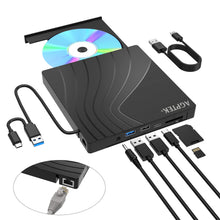 Load image into Gallery viewer, AGPtEK 7 in 1 External CD/DVD Drive for Laptop, USB 3.0 Slim DVD Burner with Ethernet Adapter, USB Ports and TF/SD Card Slots, CD/DVD Player Reader/Writer for Laptop, PC, MacBook, Windows Linux Mac OS
