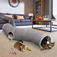 Load image into Gallery viewer, 48” Long Collapsible Kitty Tunnel Cat Tube OxFord with Plush Ball &amp; Feather Toy

