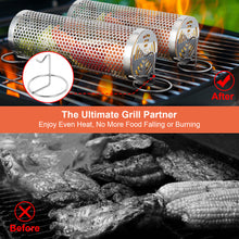 Load image into Gallery viewer, Grill Basket, IMAGE Round Hole Rolling Grilling Baskets for Outdoor Grill Portable Grill Nets Cylinder with Reinforced Locking Clasp, 2-Pack 12 in Stainless Steel Grill Mesh Barbeque Grill Accessories
