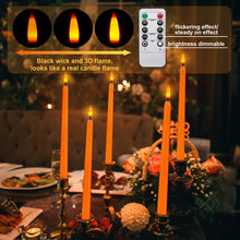 Load image into Gallery viewer, IMAGE 12 Pcs Orange Flickering Flameless Taper Candles 3D Wick Ivory with 10 Keys Remote and Timer
